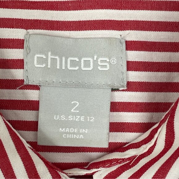 Chicos Red & White Striped Button-Up Shirt W/ Floral Lace Sleeves Size 12 - Picture 6 of 8